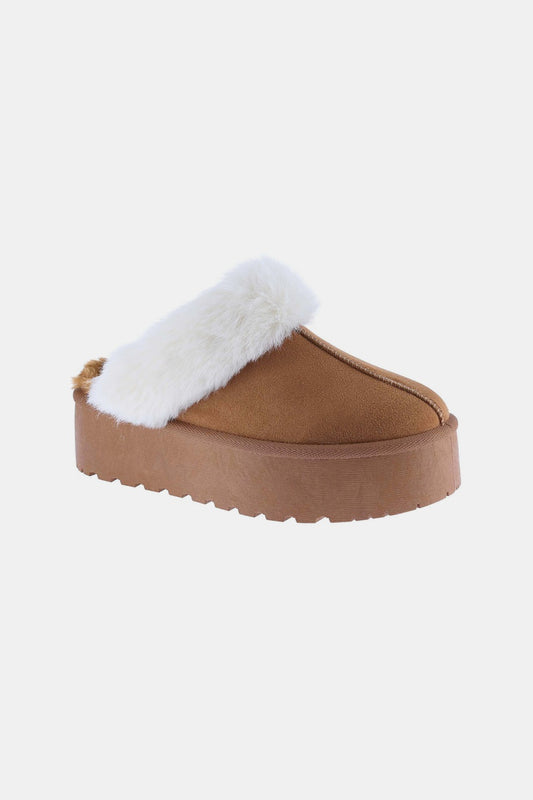 Thick Bottom Fur Trim Snow Slippers - Tan