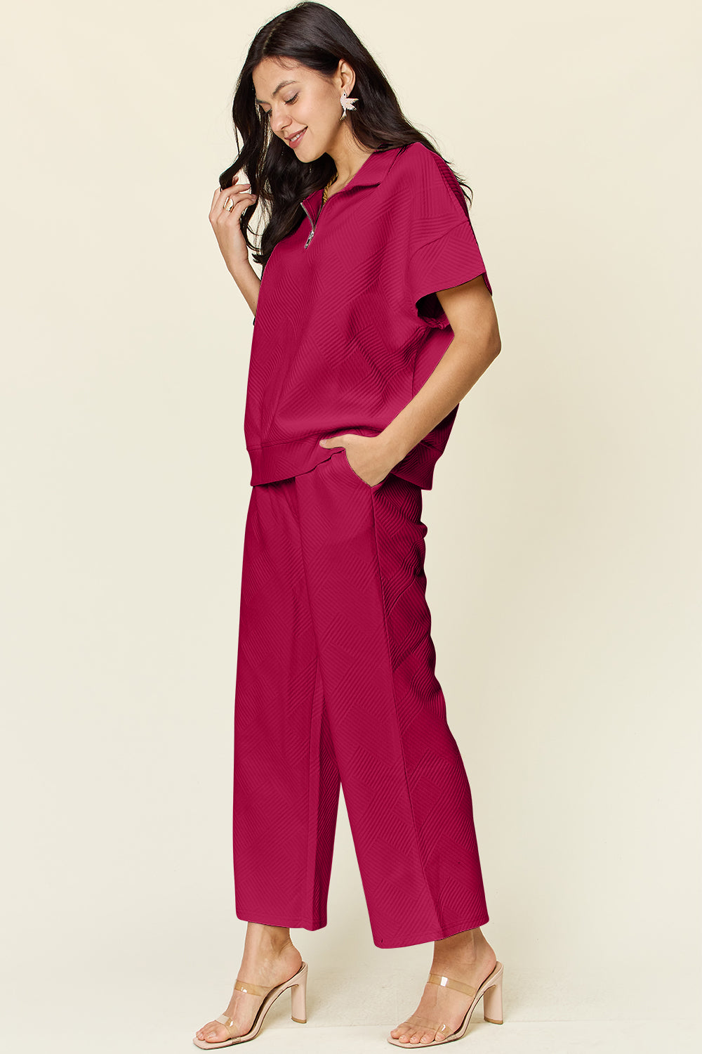 Texture Half Zip Short Sleeve Top and Pants Set