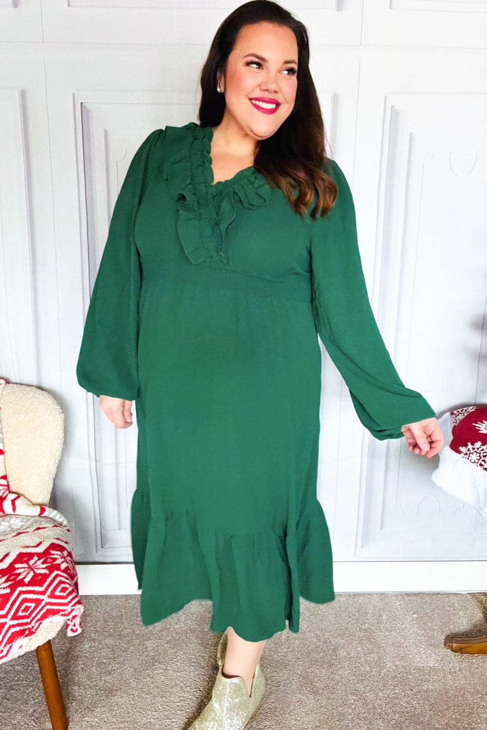 Beautiful You Holiday Green Overlap Ruffle V Neck Midi Dress