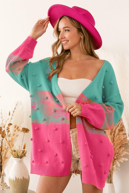 BiBi Color Block Ponpon Sweater Cardigan - Wildflower Hippies