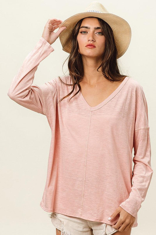 BiBi Exposed Seam V-Neck Long Sleeve T-Shirt - Wildflower Hippies