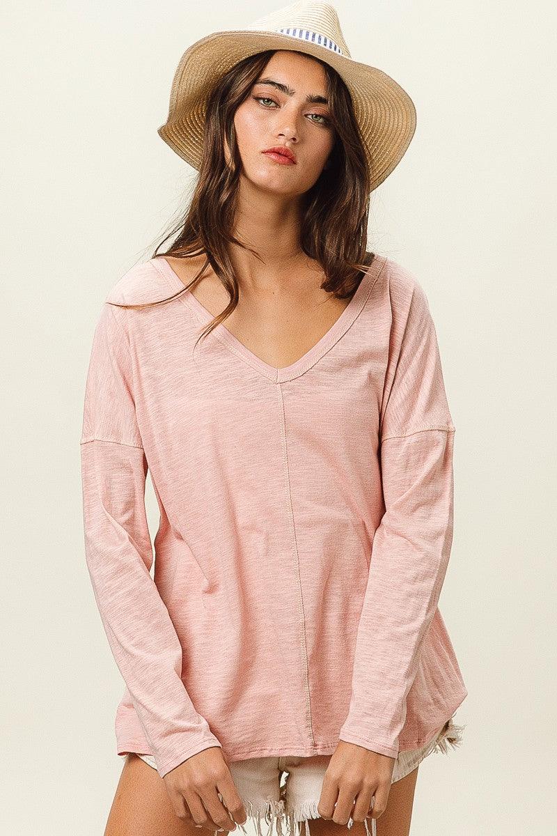 BiBi Exposed Seam V-Neck Long Sleeve T-Shirt - Wildflower Hippies