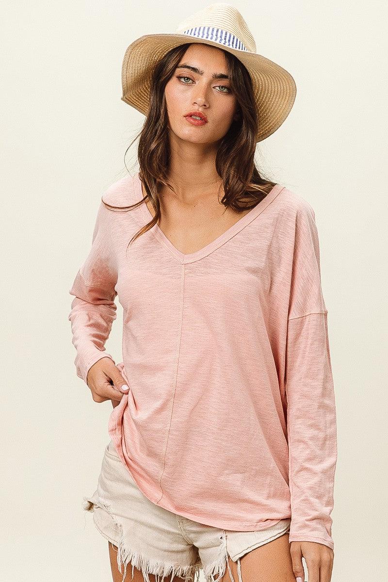 BiBi Exposed Seam V-Neck Long Sleeve T-Shirt - Wildflower Hippies