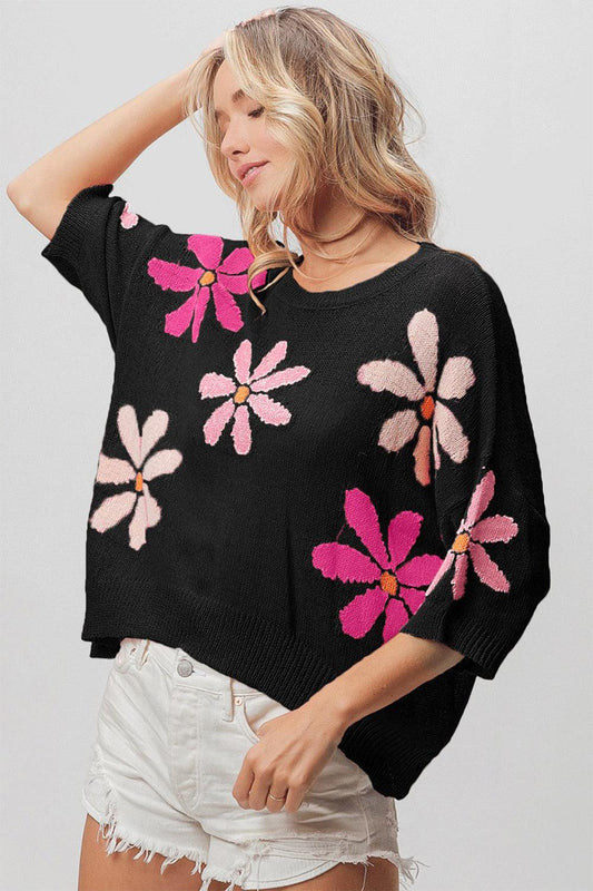 BiBi Floral Pattern Cropped Sweater - Wildflower Hippies