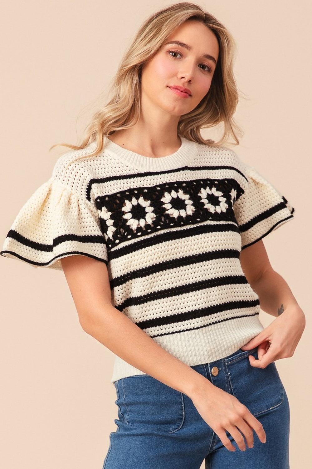 BiBi Granny Square Short Sleeve Striped Sweater - Wildflower Hippies