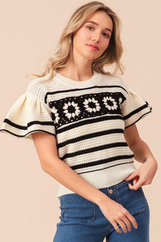 BiBi Granny Square Short Sleeve Striped Sweater - Wildflower Hippies