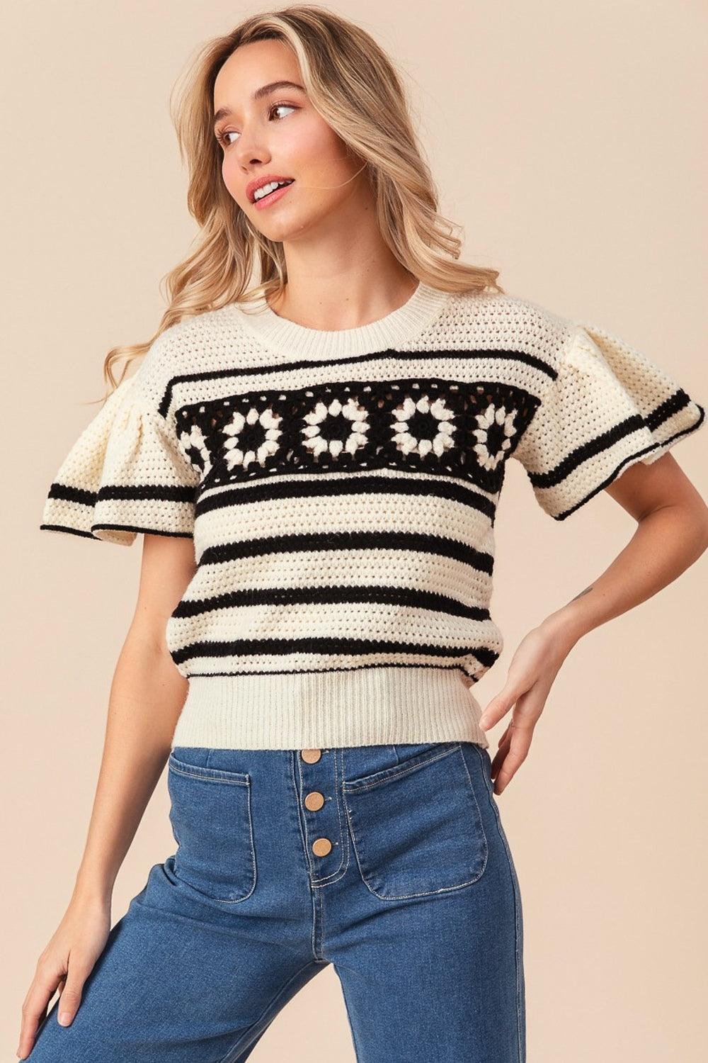 BiBi Granny Square Short Sleeve Striped Sweater - Wildflower Hippies