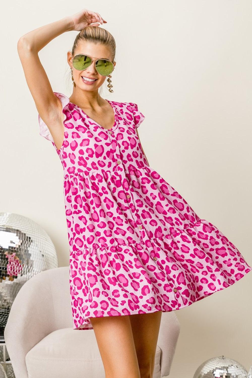 BiBi Leopard Cap Sleeve Tiered Mini Dress - Wildflower Hippies