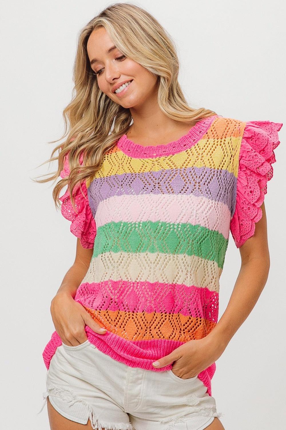 BiBi Pointelle Striped Ruffled Knit Top - Wildflower Hippies