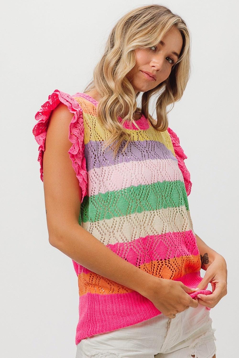 BiBi Pointelle Striped Ruffled Knit Top - Wildflower Hippies