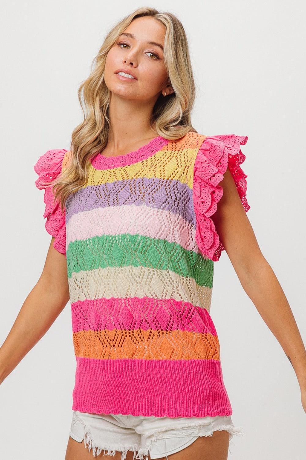 BiBi Pointelle Striped Ruffled Knit Top - Wildflower Hippies