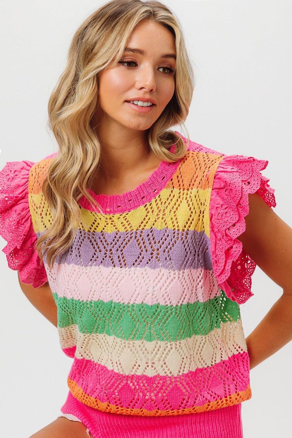 BiBi Pointelle Striped Ruffled Knit Top - Wildflower Hippies