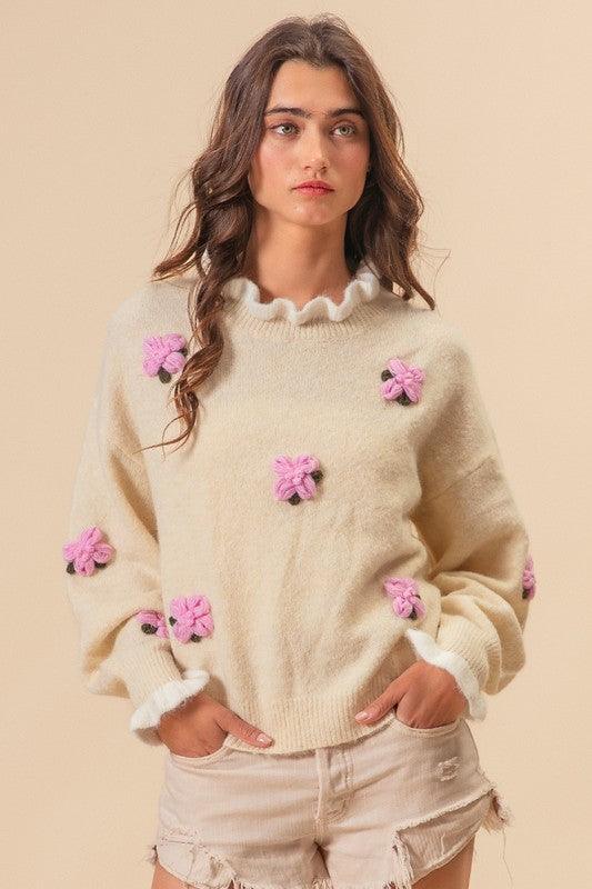 BiBi Ruffled Crochet Flower Dropped Shoulder Sweater - Wildflower Hippies