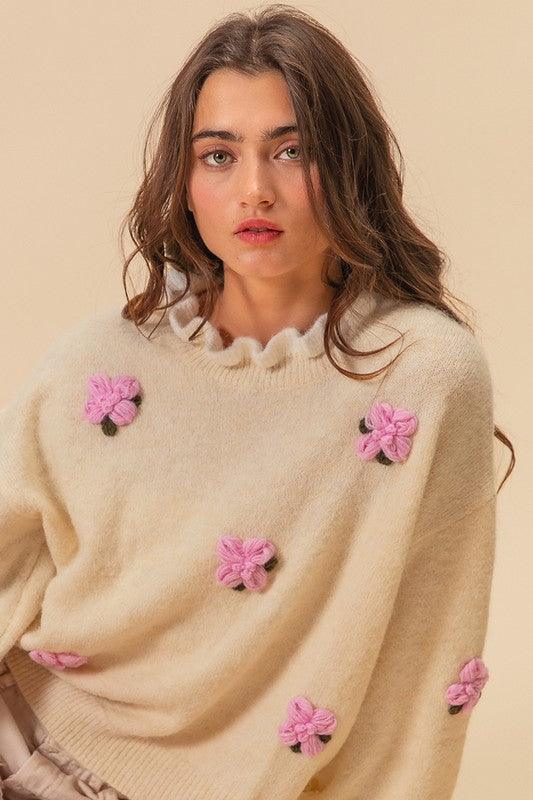 BiBi Ruffled Crochet Flower Dropped Shoulder Sweater - Wildflower Hippies