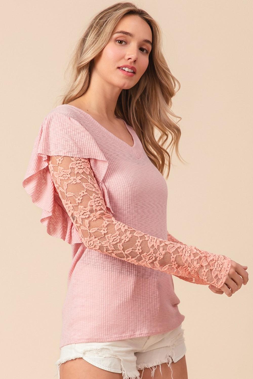 BiBi Ruffled Lace Sleeve Rib Knit Top - Wildflower Hippies