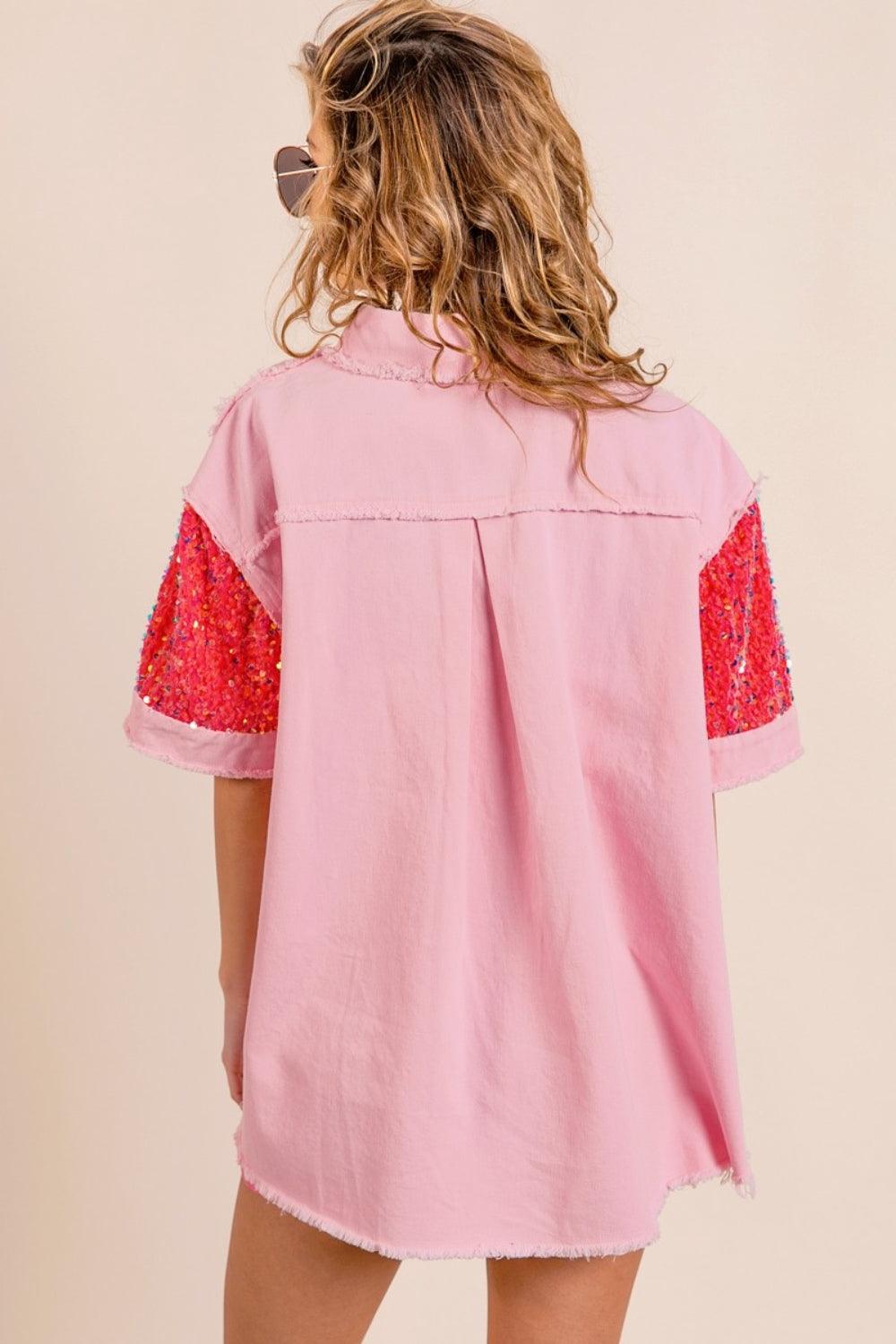 BiBi Sequin Detail Raw Hem Short Sleeve Shirt - Wildflower Hippies