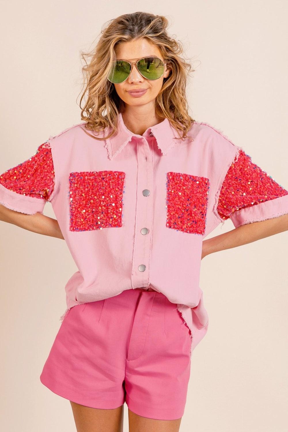 BiBi Sequin Detail Raw Hem Short Sleeve Shirt - Wildflower Hippies