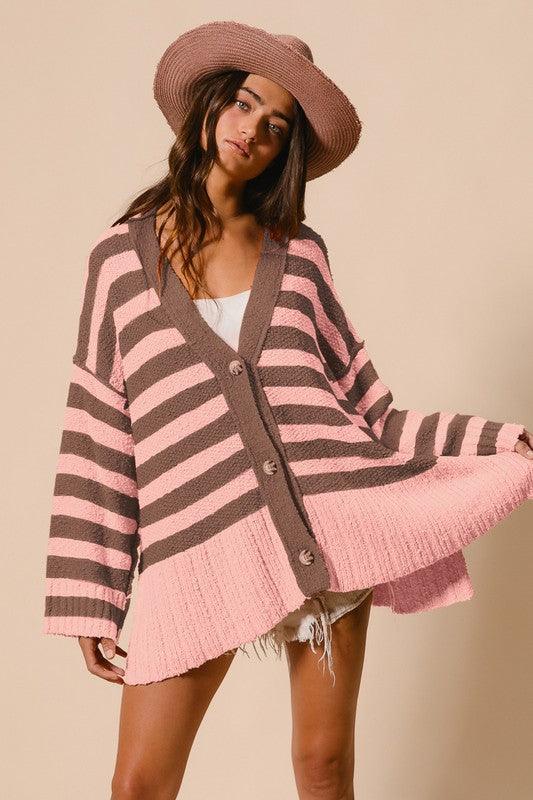 BiBi Slit Striped V-Neck Button Up Cardigan - Wildflower Hippies