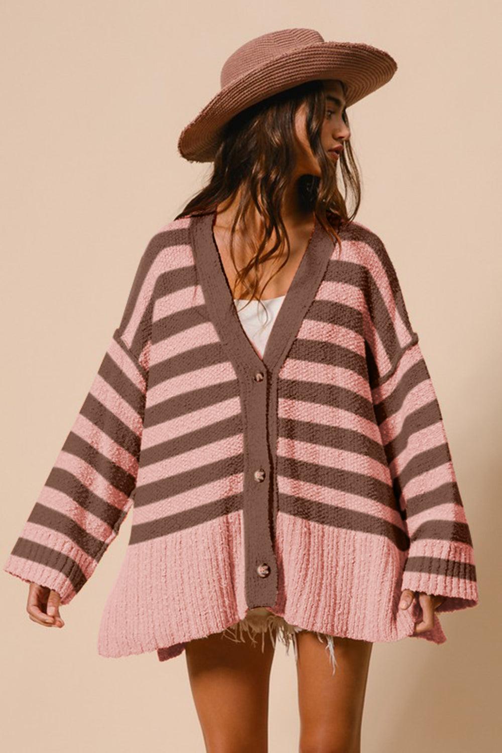 BiBi Slit Striped V-Neck Button Up Cardigan - Wildflower Hippies