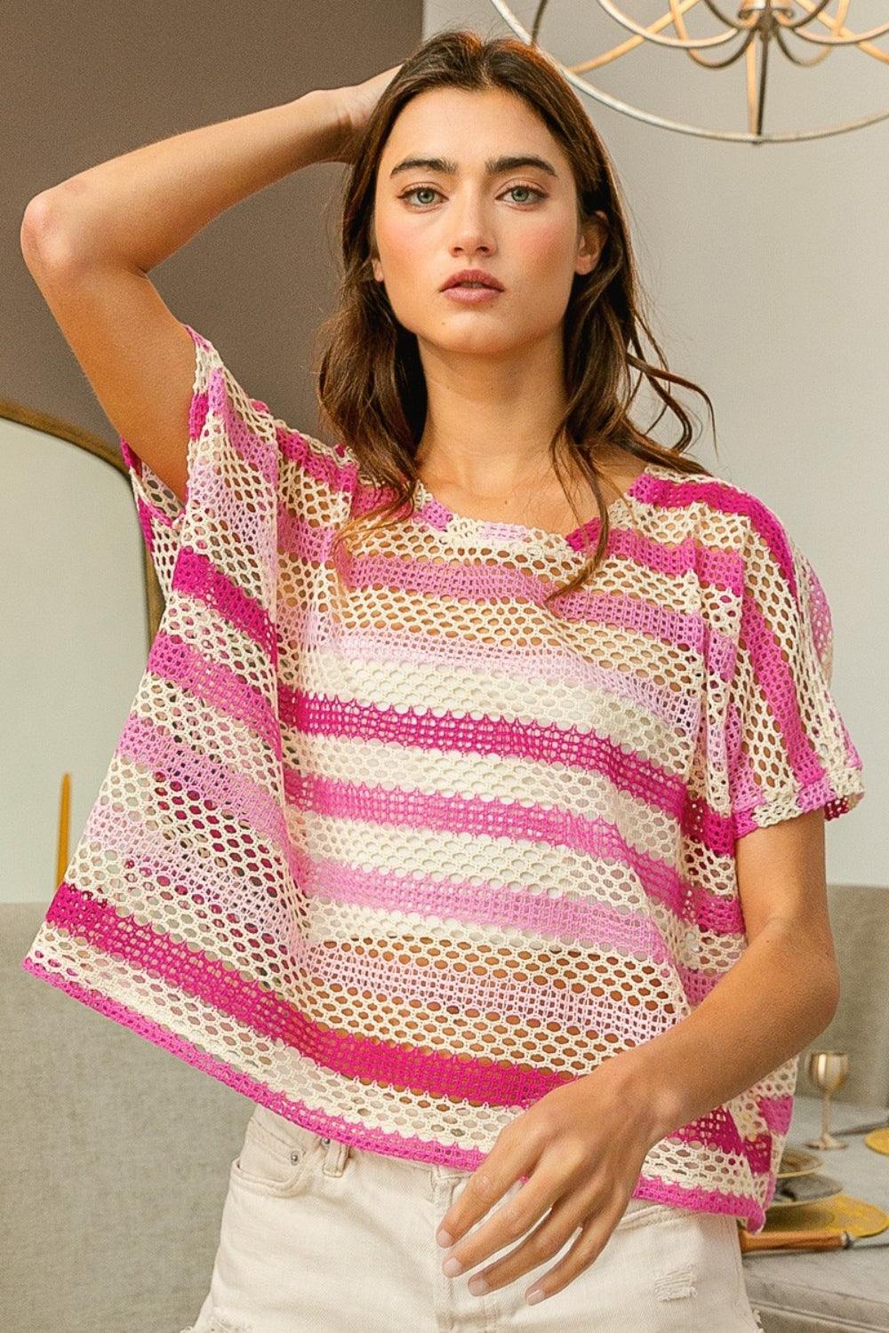 BiBi Striped Openwork Short Sleeve Knit Cover Up - Wildflower Hippies