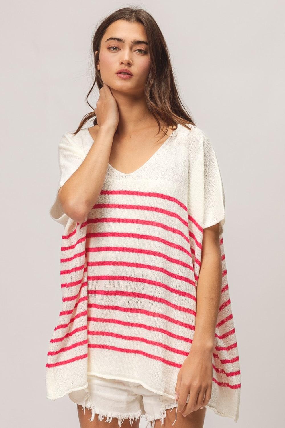 BiBi V Neck Striped Short Sleeve Top - Wildflower Hippies