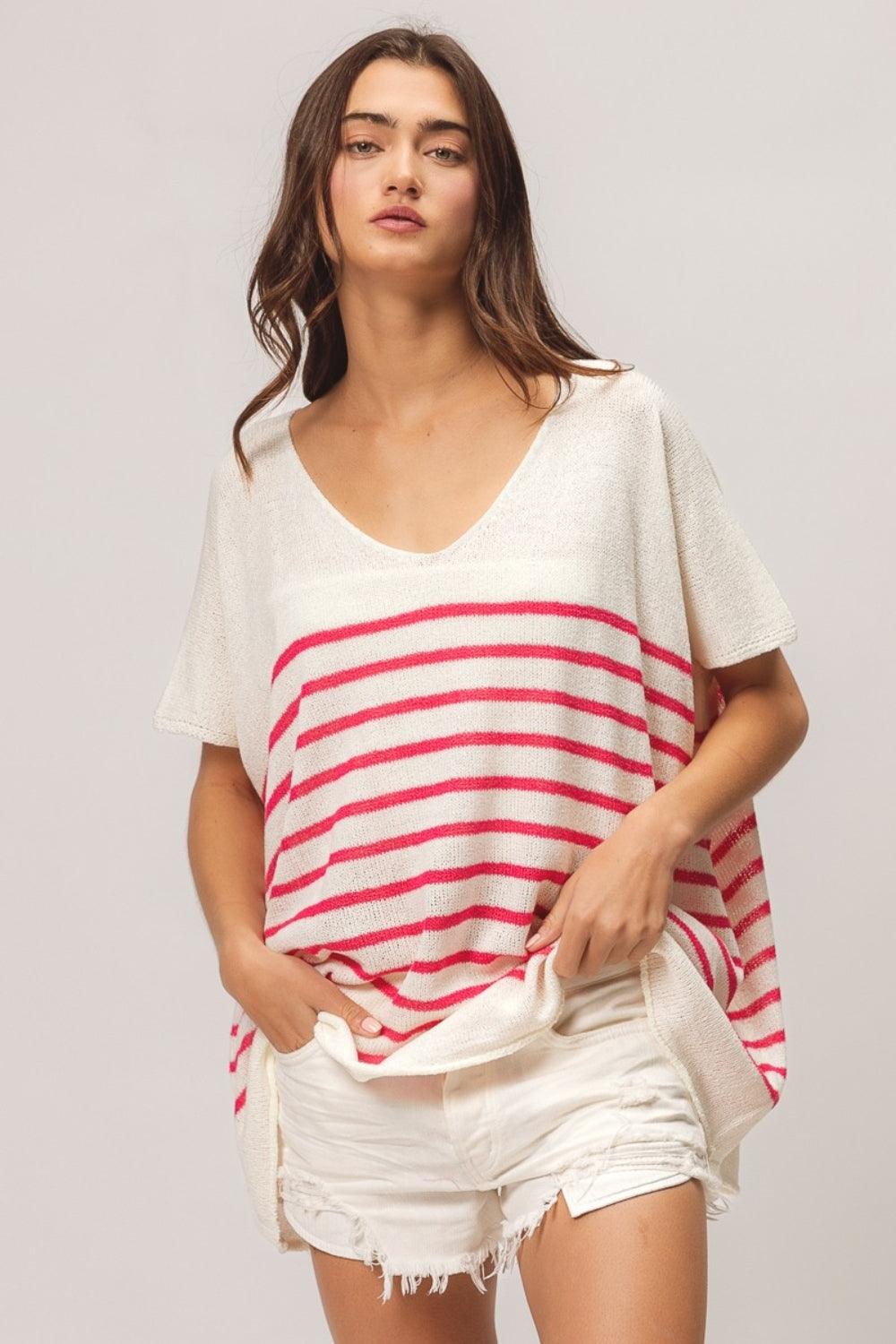 BiBi V Neck Striped Short Sleeve Top - Wildflower Hippies