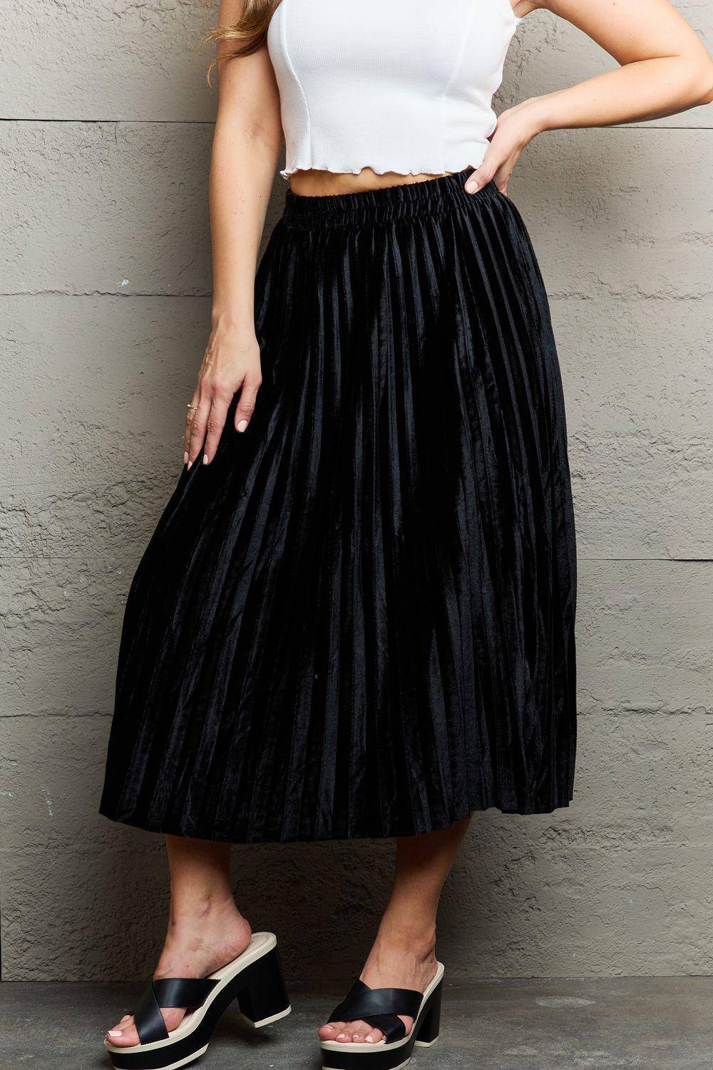 Black Accordion Pleated Flowy Midi Skirt - Wildflower Hippies