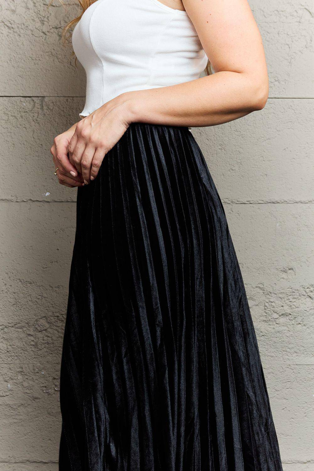 Black Accordion Pleated Flowy Midi Skirt - Wildflower Hippies