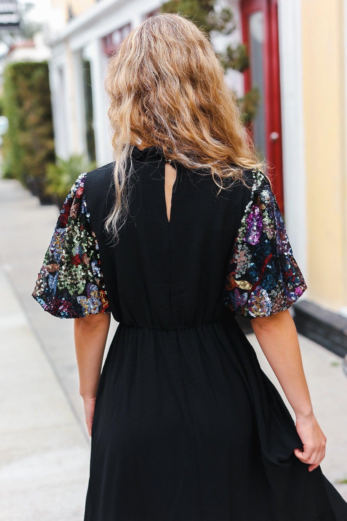 Black Floral Sequin Puff Sleeve Mock Neck Tiered Maxi Dress