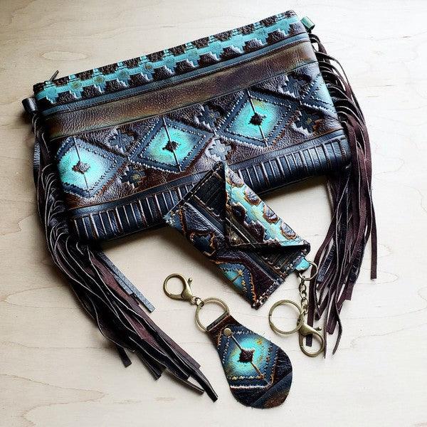 Blue Navajo Leather Embossed Clutch Handbag - Wildflower Hippies