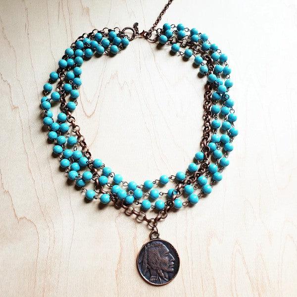 Blue Turquoise Collar Necklace with Indian Coin - Wildflower Hippies