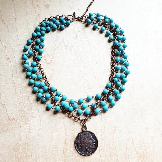 Blue Turquoise Collar Necklace with Indian Coin - Wildflower Hippies