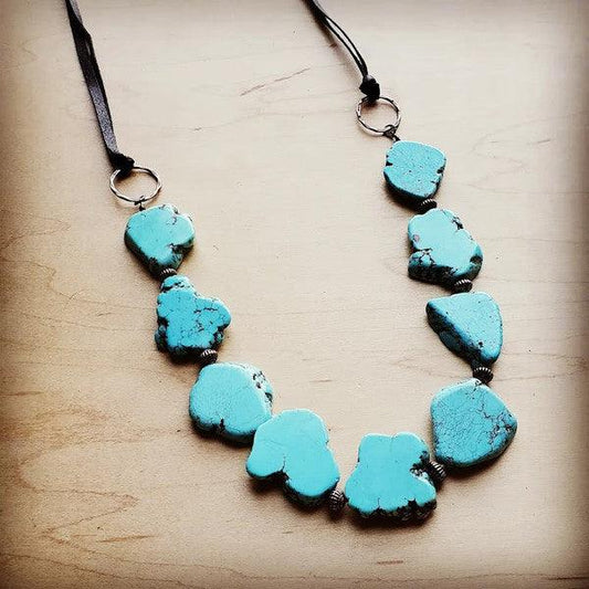 Blue Turquoise Slab Necklace with Leather Ties - Wildflower Hippies