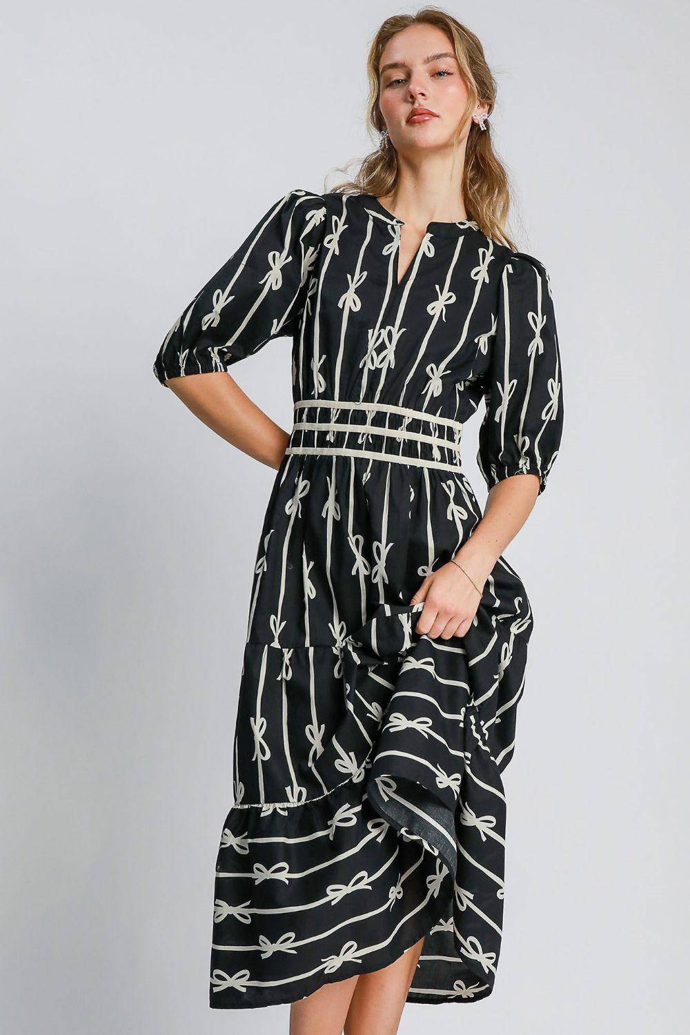 Bow Tie Print Notched Contrast Velvet Trim Midi Dress - Wildflower Hippies