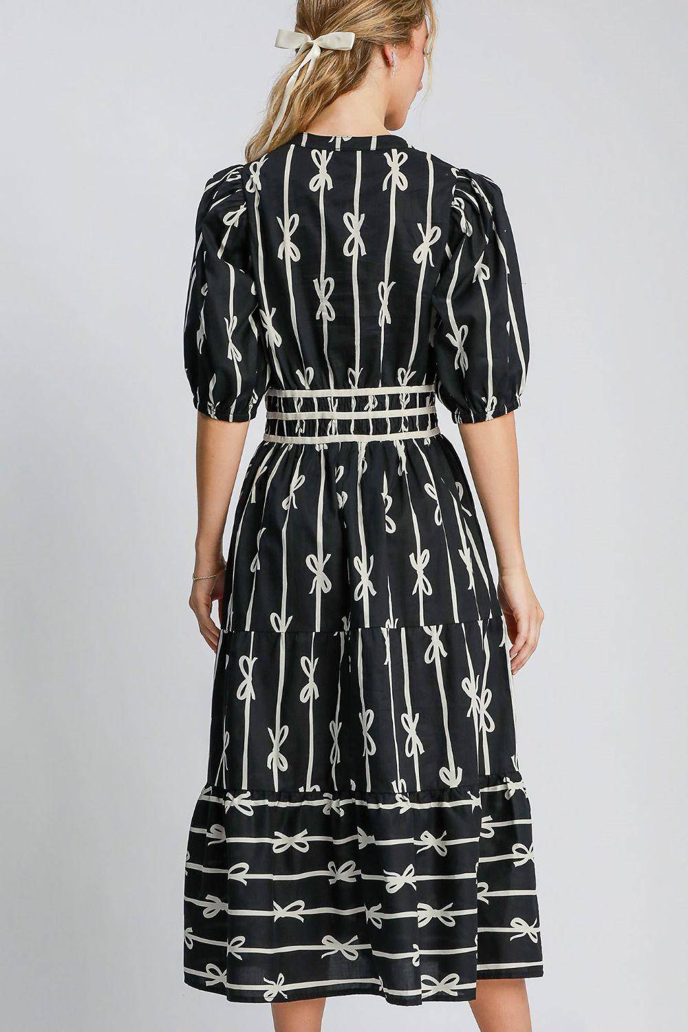 Bow Tie Print Notched Contrast Velvet Trim Midi Dress - Wildflower Hippies