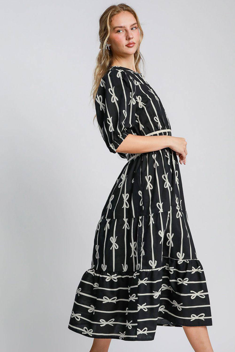 Bow Tie Print Notched Contrast Velvet Trim Midi Dress - Wildflower Hippies