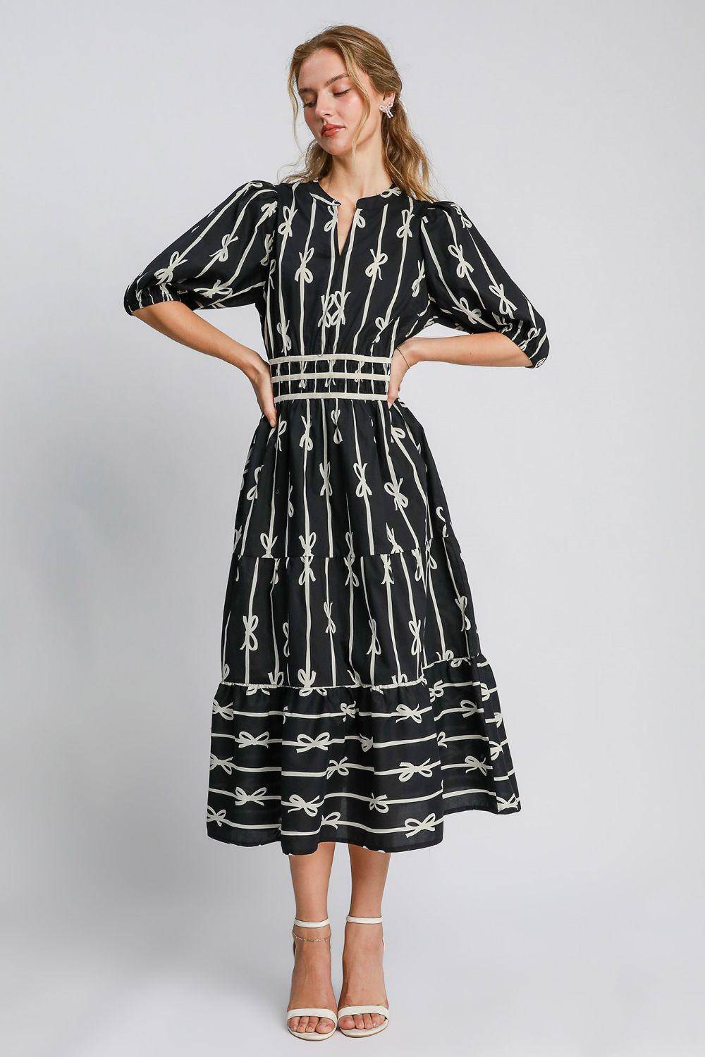 Bow Tie Print Notched Contrast Velvet Trim Midi Dress - Wildflower Hippies