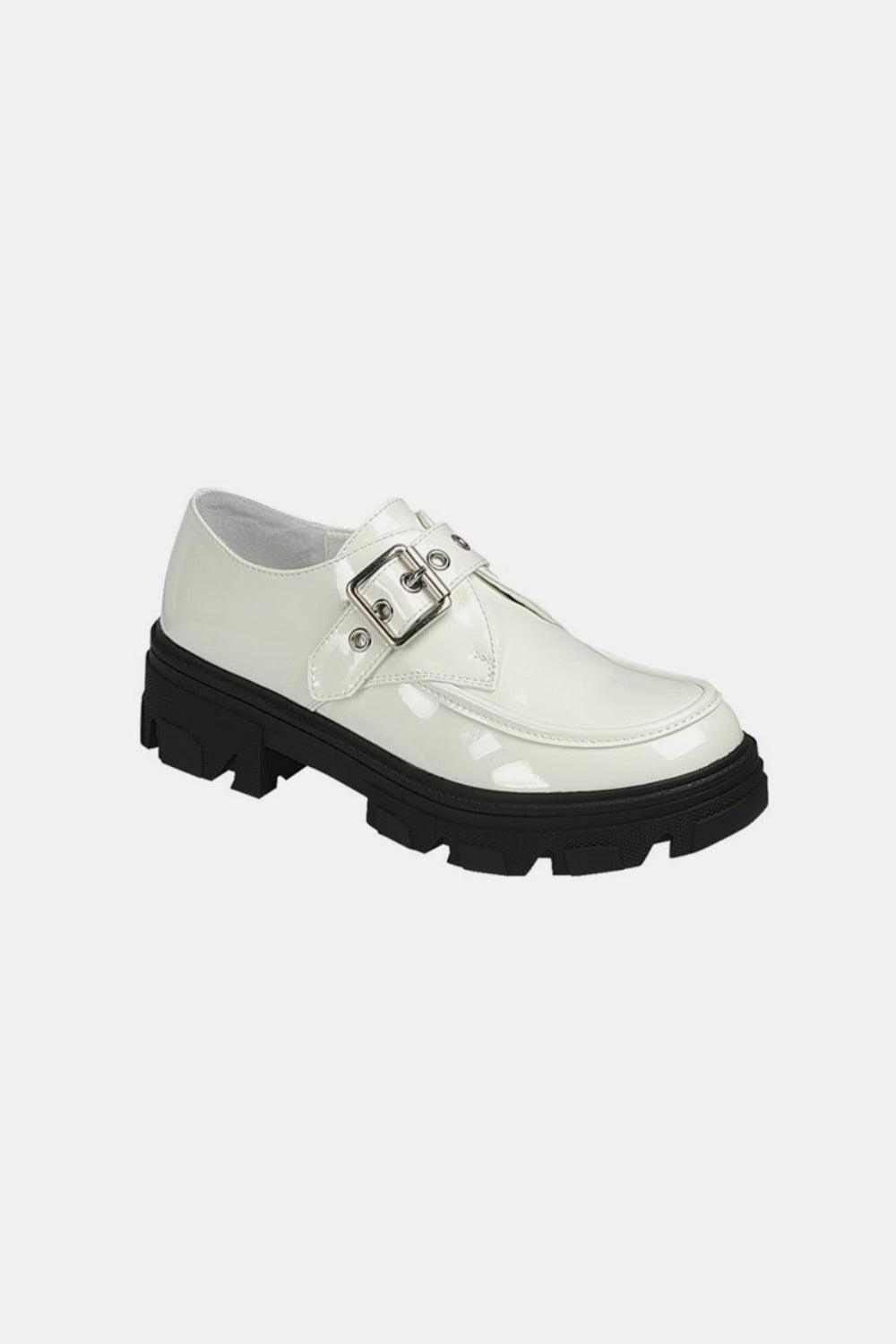 Buckled Platform Lug Sole Loafers- White - Wildflower Hippies