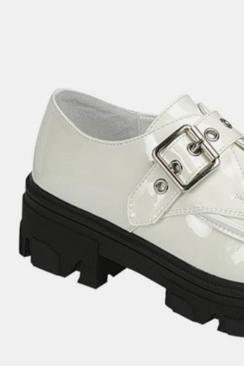 Buckled Platform Lug Sole Loafers- White - Wildflower Hippies