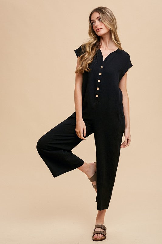 Button Detail Wide Leg Jumpsuit with Pockets - Wildflower Hippies