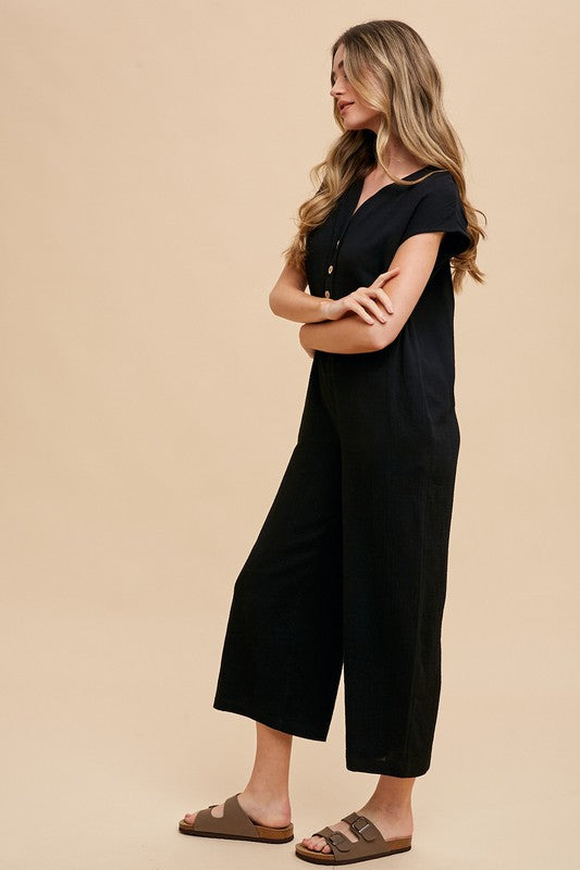 Button Detail Wide Leg Jumpsuit with Pockets - Wildflower Hippies