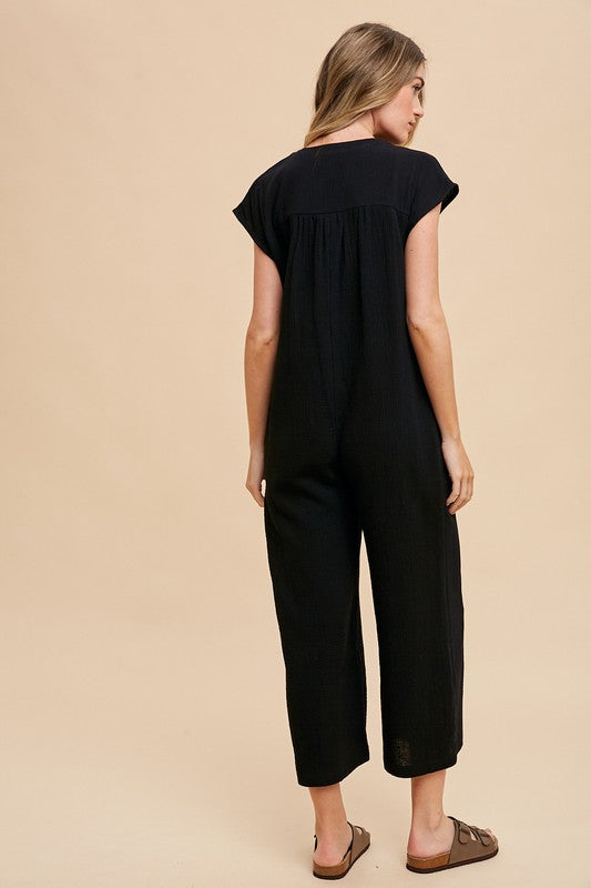 Button Detail Wide Leg Jumpsuit with Pockets - Wildflower Hippies