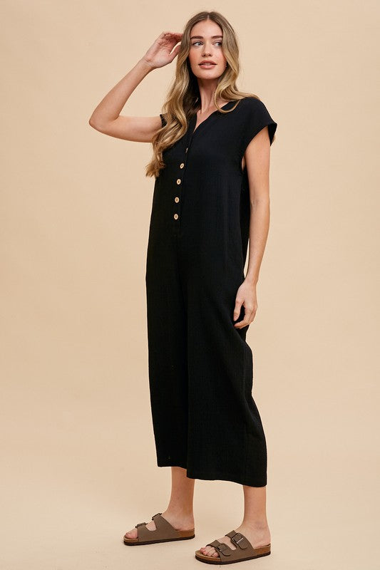 Button Detail Wide Leg Jumpsuit with Pockets - Wildflower Hippies