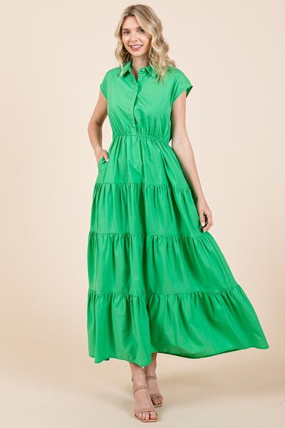 Button Up Collared Tiered Maxi Shirt Dress - Green - Wildflower Hippies