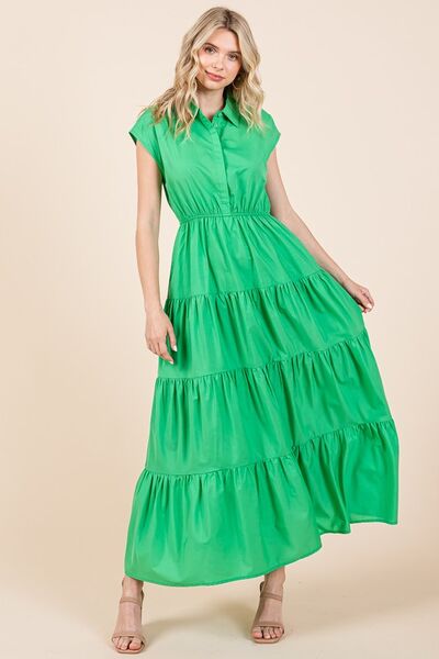 Button Up Collared Tiered Maxi Shirt Dress - Green - Wildflower Hippies