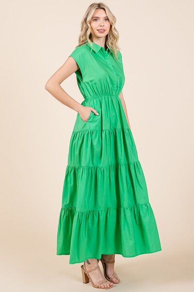 Button Up Collared Tiered Maxi Shirt Dress - Green - Wildflower Hippies