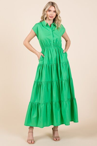 Button Up Collared Tiered Maxi Shirt Dress - Green - Wildflower Hippies