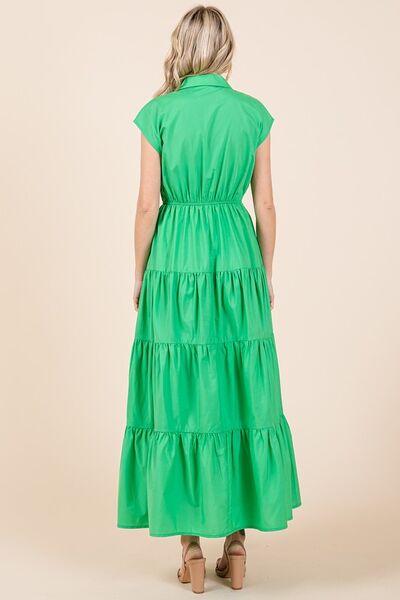 Button Up Collared Tiered Maxi Shirt Dress - Green - Wildflower Hippies