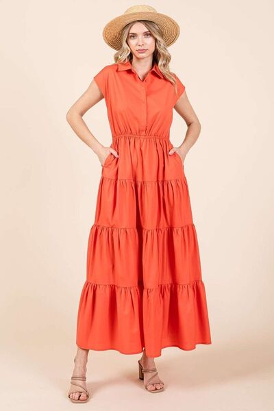 Button Up Collared Tiered Maxi Shirt Dress - Orange - Wildflower Hippies