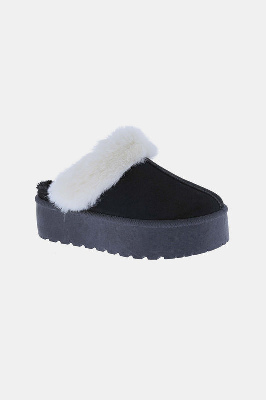 Thick Bottom Fur Trim Snow Slippers - Black